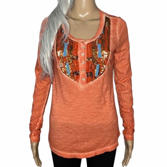 Free People TIGER EYE Long Sleeve Boho Tee Aztec Orange Small - Picture 1 of 7